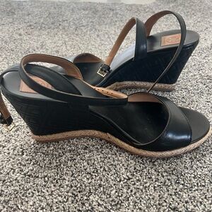 Tory Burch Marion Quilted Black and Tan Wedge Sandals